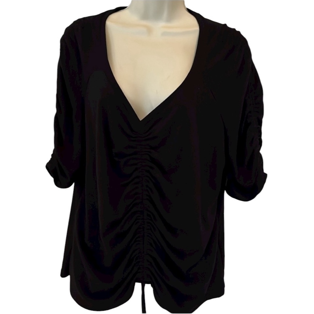 Jane Delancey size XL black shirred V-neck tee with 3/4 sleeves